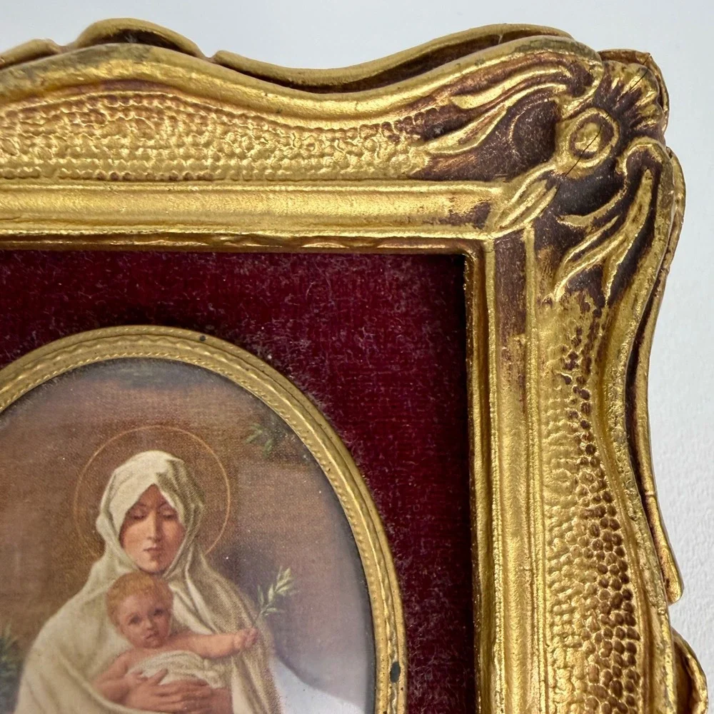 Madonna and Child Framed Religious Art Gold Ornate Velvet Matting Vintage